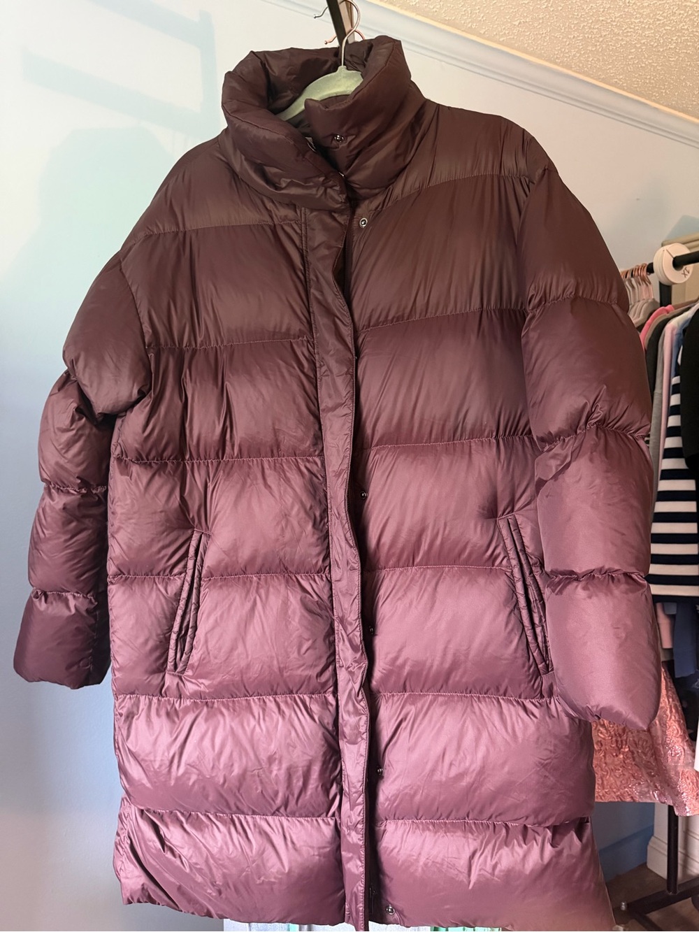 Eileen Fisher Long Puffer Coat in Plum/wine Down filled small